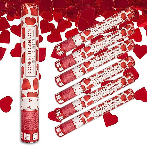 Lage 6 Tubi Sparacoriandoli a forma di Cuori Rossi, per San Valentino, Proposta Fidanzamento, Matrimonio, Nozze, Sposi, Cannone Spara Lancia Coriandoli Romantici Metallizzati (set 6 pz.)