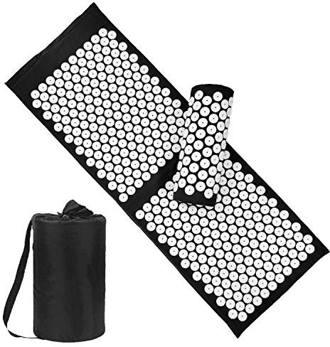 XiaoMaGe Acupressure Mat and Pillow Set with Bag - Extra Long Acupuncture Mat for Neck & Back Pain Relief- Naturally Relaxation Gift for Women - Stress Relief Massage Mat (Black)