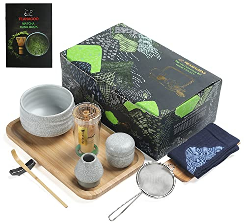 TEANAGOO Matcha Teeservice, Japanisches Teeset, Matcha Schüssel, Matcha Bambus Schneebesen, Schaufel, Sieb, Schneebesenhalter, Matcha O5 Schneebesen Set, Grüntee Pulver Pulver Set. Matcha Teetablett