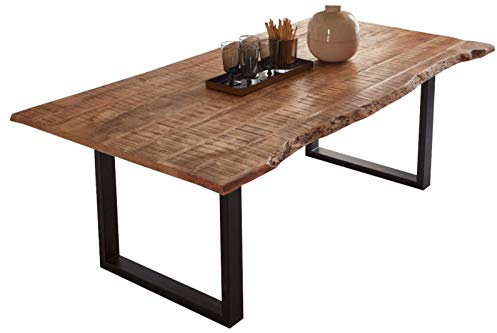 SAM Esstisch 180 x 90 cm Norina, Mangoholz massiv, lackiert & naturfarben, Baumkantentisch mit U-Metallgestell in Mattschwarz, echte Baumkante
