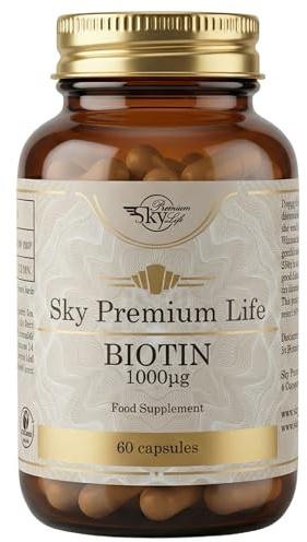 Sky Premium Life Biotin 1000mcg Vegan & Halal Capsules - Vitamin B7 Supplement for Hair & Skin - Pure Energy & Metabolism Support in Premium Amber Glass - 60 Daily Capsules | Vitamin B7 Supplement for Hair & Skin - Pure Energy & Metabolism Support in Premium Amber Glass