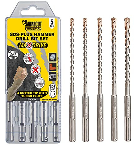 SabreCut 5pcs QSCK5A 160mm x 5mm 5.5mm 6mm 7mm 8mm SDS+ Drill Bits | Full carbide 4 cutter tip and vortex flute drill rebar, stone, concrete, brick and block with long service life
