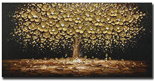 Art8YuQi Paintings - Contemporary Abstract Art Oil Painting On Canvas Texture 3D Golden Tree Gary Painting Handmade Artwork Picture Canvas Wall Art Modern Home Decor living room Ready to Hang