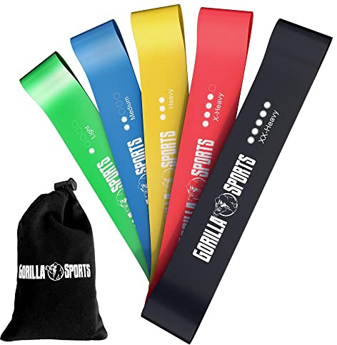 GORILLA SPORTS® Fitnessbänder 5er-Set aus Latex mit 5 Widerstandsstufen | Rutschfeste und reißfeste Resistance Bands mit Tragebeutel für Yoga, Pilates, Gymnastik, Physio und Ganzkörpertraining