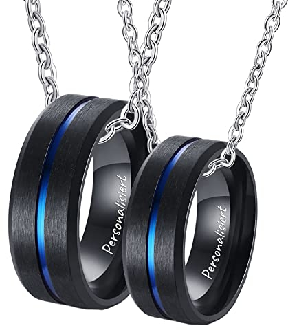 KnSam Halskette Pärchen Preis für 2, Edelstahl Anhänger Ringe 8mm Gebürstet mit Rille Partner Ketten mit Gravur Schwarz Blau, Herrenkette 60cm, Damenkette 50cm, Größe 54 & 62