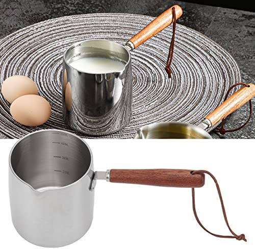 Turkish Coffee Pot Milk Warmer Pot 450ML Stainless Steel Butter Warmer Mini Butter Coffee Milk Pot Small Saucepan with Wooden Handle for Chocolate Heating Camping