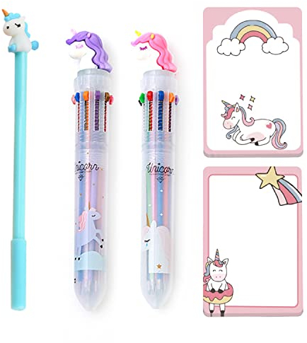 PFLYPF 3 Stück zehnfarbige Kugelschreiber, 2 Stück Haftnotizen, einziehbare mehrfarbige Kugelschreiber, Multifunktionsmarker, Cartoon-Kugelschreiber, Geschenk für Studenten