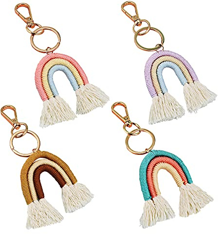 SUNSK Mini Boho Regenbogen Schlüsselanhänger Handgewebte Baumwolle Seil Schlüsselring Makramee Regenbogen Schlüsselbund Pom Pom Quaste Tasche Charm für Frauen 4 Stück