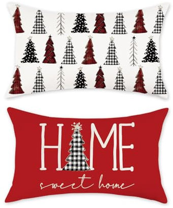 TAJWE Weihnachts-Kissenbezüge, 30,5 x 50,8 cm, 2 Stück, Home Sweet Home Buffalo Plaid Baum, Winter, Lendenkissenbezüge für Couch, Heimdekoration