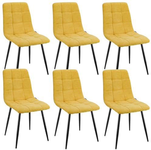 WAFTING Esszimmerstühle 6er Set, Gepolsterter Stuhl mit Hoher Rückenlehne und Leinendesign, Esstischstühle mit Metallfuß, für Esszimmer, Wohnzimmer, Küche, Schlafzimmer und Empfangsraum, Gelb