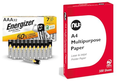 Energizer AAA Batteries, Alkaline Power, Triple A Battery Pack, 32 Pack (Packaging May Vary) & NU: Multi-Purpose Printer Paper, White, 500 Sheets