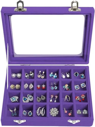 Natseekgo Boîte à bijoux 24 compartiments pour femme - Présentoir à bijoux - Boîte de rangement pour bagues, boucles d'oreilles, collier (violet)