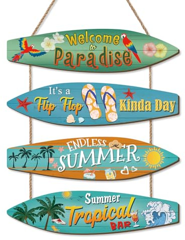 CHDITB Surfboard Wall Hanging Sign,Summer Beach Wood Sign,Summer Party Sign,Wooden Tropical Beach Bar Decoration,Flip Flop Pool Wall Decor,Welcome to Paradise Door Sign for Home Plaque