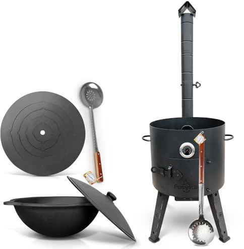 Termómetro para horno de 44 cm de diámetro, 5 anillas, 48 cm, hierro fundido, base redonda, diámetro de 46,5 cm, 16 l, cuchara espumadera de 48 cm, cuchara espumosa de 64 cm (set – 518)