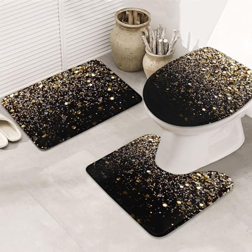 rutschfeste 3 Badteppich Set Gold Schwarz Funkelt Badematte 3-TLG Waschbar Langlebige Badezimmer Set, Für Dusche, Wohnzimmer