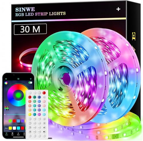 SINWE 30M Led Strip Lights, Music Sync Led Lights with 44 Keys Remote and App Control, Color Changing RGB Lights for Bedroom Room Home Kitchen Party Christmas Decoration (100FT)