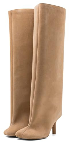 VOZTOLLS Suede Knee High Boots for Women Square Toe Stiletto Heel Long Boots Pull On Wide Calf Tall High Heel Boots Fashion Fall Winter Booties Beige Size 8.5