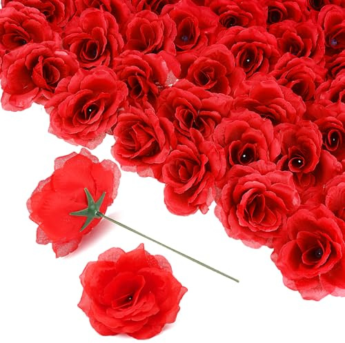 ULELE Rote Rosen, künstliche Blumen, Großpackung, 9,9 cm, große künstliche Rosen mit Stielen, künstliche Rosen, elegante Kunstrosen, handgefertigte Blumen, Seide für Hochzeitsdekoration,