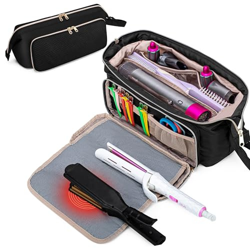 Fasrom Bolsa de Viaje para Herramientas de Peluquería con Alfombrilla Resistente al Calor para Plancha, Rizador y Alisador, Estuche 2 en 1 para Secador de Pelo, Negro (Diseño Patentado)