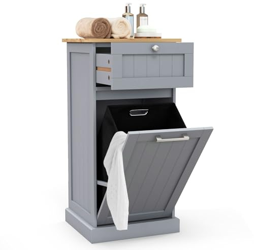 COSTWAY Wäscheschrank mit Wäschekorb, Wäschesammler mit Schublade, Tischplatte aus Bambus, Badezimmerschrank, Badschrank für Badezimmer, Waschküche, 40 x 37 x 82 cm (Grau)