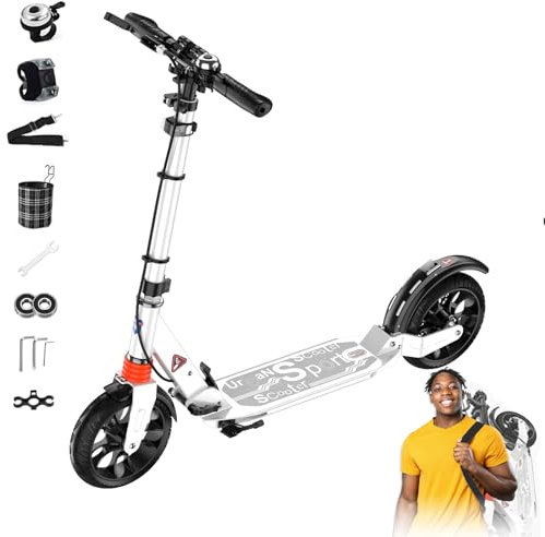 GHBXJX Cityroller Tretroller Scooter 200mm Räder PU Pro Big Wheel, Doppel Federung City Roller Erwachsene 150 kg, ABEC 9, Klappbarer,mit Handbremse Roller Kickscooter für Erwachsene,Weiß
