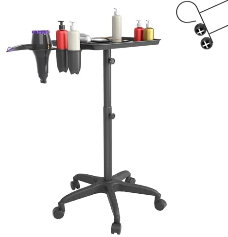 Froadp Höjdjusterbar frisörvagn 71–105,5 cm, kosmetisk vagn med 1 hylla och 2 fack, rullvagn i plast med 5 hjul, för frisörsalonger, kosmetika och tatueringsstudio