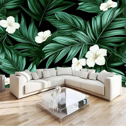 Papel Pintado Hojas de palma verdes Flores blancas Fotomurales tejido no tejido Decoración de Pared decorativos Murales moderna de Diseno 250 x 175 cm De Pared Sala Papel tapizVerde