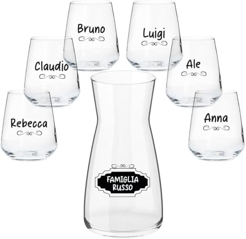 Family Set di 6 Bicchieri da Acqua con Caraffa in Vetro con Stampe Personalizzate Con nomi Acqua Vino Birra Tutte le Bevande Idea Regalo Casa Cena Pranzo Feste Famiglia Natale Compleanno Decorazioni