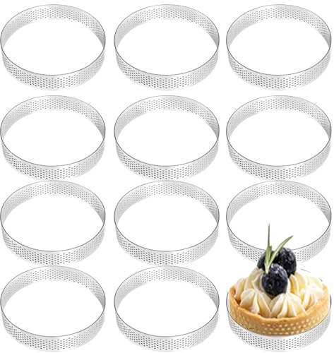Tårtade ringar 12 st smulat ringar 3,2 tum bakringar nonstick kakringar perforerad tårta ring rostfritt stål musse ringar för bakning efterrätt skarpa tårtor.