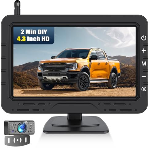 CAMECHO 4.3 Pollici Monitor per Auto, Kit Telecamera Retromarcia Wireless con IP68 Impermeabile, Visione Notturna Telecamera Posteriore per Auto/Veicolo/Camion/Furgone/Caravana SUV-12V