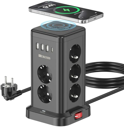 Multiprise tour à 11 prises avec charge sans fil de 5 W, 3 USB-A et 1 USB-C (5 V/3 A), câble d'extension de 2 m, design compact multiface, avec interrupteur, pour la maison et le bureau, noir