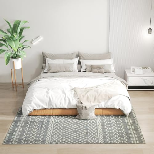 HOMCOM Teppich Flachgewebe Anti-Rutsch Maschinenwaschbar Küchenteppich mit Boho-Design für Terrasse Balkon Wohnzimmer & Küche, 200 x 140 cm, Grau