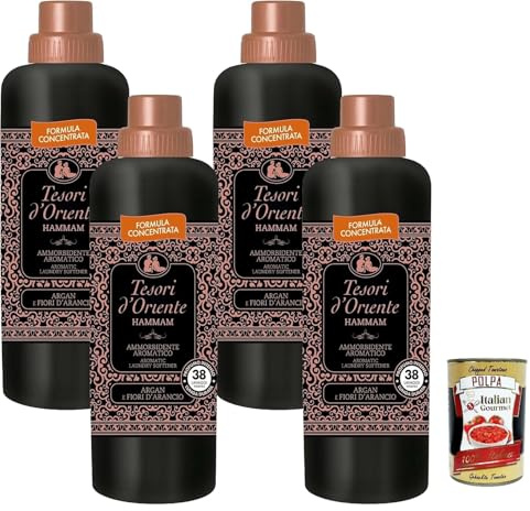 Tesori d’Oriente Hammam Weichspüler 4 x 760 ml, konzentriert, Argan & Orangenblüte, intensiver Duft, bis zu 38 Waschgänge je Flasche, für strahlend weiche Wäsche + Italian Gourmet polpa