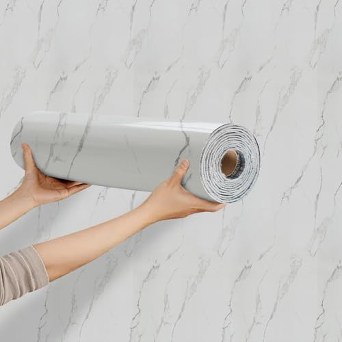 Baketron Marmor Tapete Weiß Mamorfolie Selbstklebend Marmortapeten Wand Klebefolie Marmoroptik Glatt Küchentapete - Wandpaneele Küche Wanddeko Schlafzimmer Wohnzimmer Badezimmer 40cm x 300cm