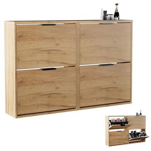 Planetmöbel 2 x Schuhschrank schmal mit 2 Klappen | platzsparender Schuhregal, mit 4 Ablagen, Schuhkommode für Diele, Flur, Garderobe 60 x 23 x 80,5 cm, gold eiche