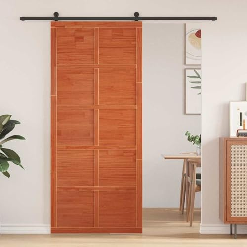 Gecheer Scheunentür Wachsbraun 90 x 210 cm Massivholz Kiefer, Einzelne Innentüren Schiebetüren für Moderne Raumteiler in Wohnzimmer Büro Loft-Wohnungen870418