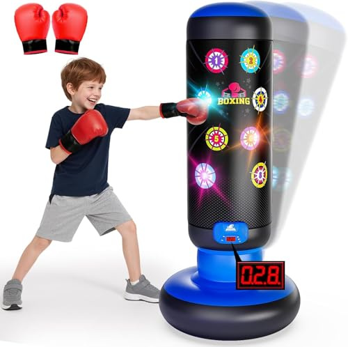 Boxsack Kinder Stehend mit Musik & Licht, Interaktiver Aufblasbarer Standboxsack mit 4 Spielmodi & Boxhandschuhen, Boxspielzeug Geschenk für Jungen Mädchen 6-12 Jahre (Blau)