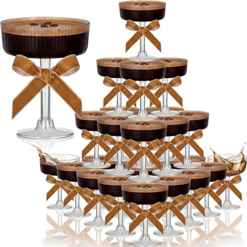 Rtteri 36 Pcs Espresso Martini Birthday Party Decor 5 oz Acrylic Coupe Acrylic Champagne Tower with Velvet Ribbon Bachelorette Bridal Shower Decoration