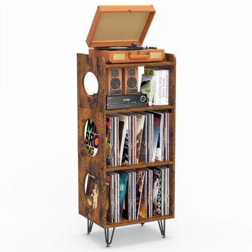 ikkle Record Player Stand, 4-Tier Vinyl Record Storage Cabinet Holds up to 300+ Albums，Record Player Table with Metal Legs & Hollow Design, Turntable Stand with Record Storage for Living Room Bedroom