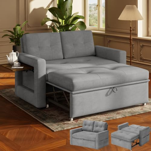 YOUDENOVA Divano letto 3-in-1, Poltrona letto con funzione salotto, Divano relax con schienale regolabile a 5 posizioni, Divano a 2 posti letto con tavolo e tasche laterali, Chenille Grigio