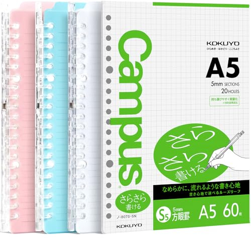 Kokuyo Campus Smart Ring Binders 3 Pack, A5 Binder Notebooks + 60 Sheets Graph Filler Paper, 25 Sheet Capacity, 20 Ring, Slim Binder Folder for Meeting and Classes, Light Color, Japan Import
