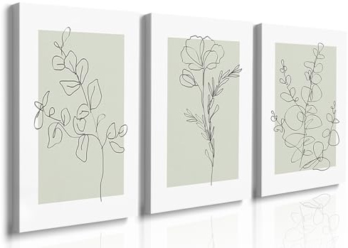 Set di 3 decorazioni da parete senza cornice, stile boho, verde salvia neutra, botanico, decorazione da parete con foglie e fiori, decorazione da parete su tela, stampa floreale botanica verde