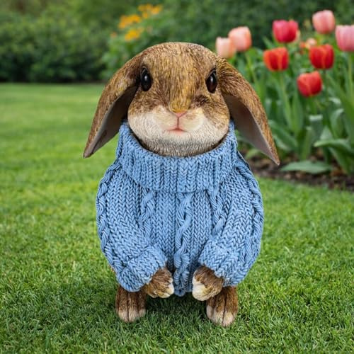 Online Fuchs Gartenfiguren für draußen süßer Hase mit Schlappohren und blauen Pullover - Deko Garten Figuren für Ostern, Frühling und Sommer – 19 cm groß – wetterfest