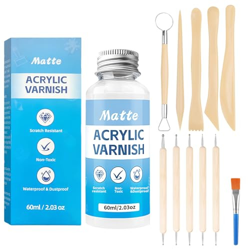Air Dry Clay Glaze 60 ml, mit Ton modellierwerkzeug, Glasur für Ton-Matt | Lufttrocknend, Glanzlack für Modelliermasse, Klarlack Glänzend Glasur zur Verhinderung von Rissen, Wasserdichter