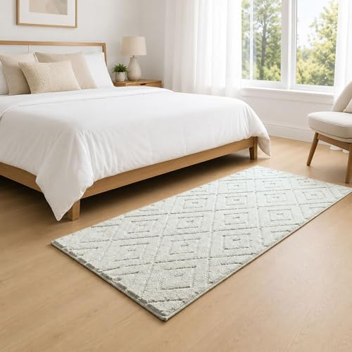 Aspire Homeware Small Rugs For Bedroom 60x110 cm – 100% Polyester Machine Washable Cream Rugs Living Room Anti Slip Bedside Carpet, Modern Hollow Square High Low Pile Rug For Kids Room Non Shedding