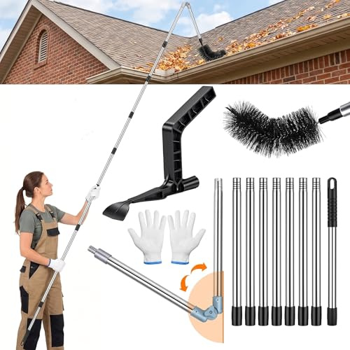 14FT Gutter Cleaning Tools - Stainless Steel Brush & Shovel Kit | Extendable to 4m for safe, ladder-free roof maintenance. Features a 180° folding pole to easily clear wet leaves and debris
