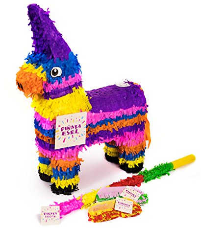Trendario Esel Pinata Set, Pinjatta + Stab + Augenmaske, Ideal zum Befüllen mit Süßigkeiten und Geschenken - Piñata Pferd für Kindergeburtstag Spiel, Geschenkidee, Party, Hochzeit