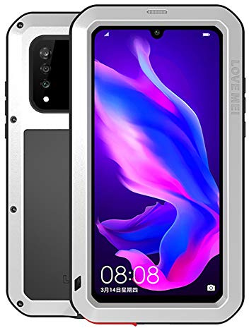 FONREST Ganzkörper Hülle für Huawei P30 Lite, Love MEI 6,15-Zoll Schwerlast Hybride Aluminium Metall Stoßfest Schneesicher Staubdicht Case mit Hartglas, Unterstützt Wireless Charging (Silber)