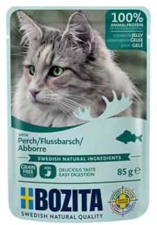 Bozita Pouch Nassfutter Häppchen in Gelee mit Barsch - 12x85g Portionsbeutel getreidefreies & weizenfreies Futter für Katzen - Katzennassfutter für erwachsene Katzen mit 8,5% Protein & 4,5% Fettgehalt