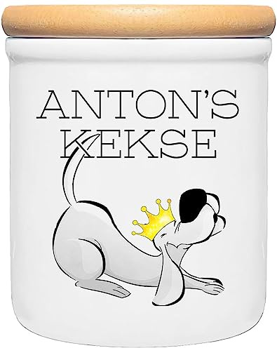 Cadouri Keramik Leckerli-Dose HUNDEFIGUR » personalisiert mit Name deines Hundes «┊Snackdose Keksdose Aufbewahrungsdose┊mit Holzdeckel
